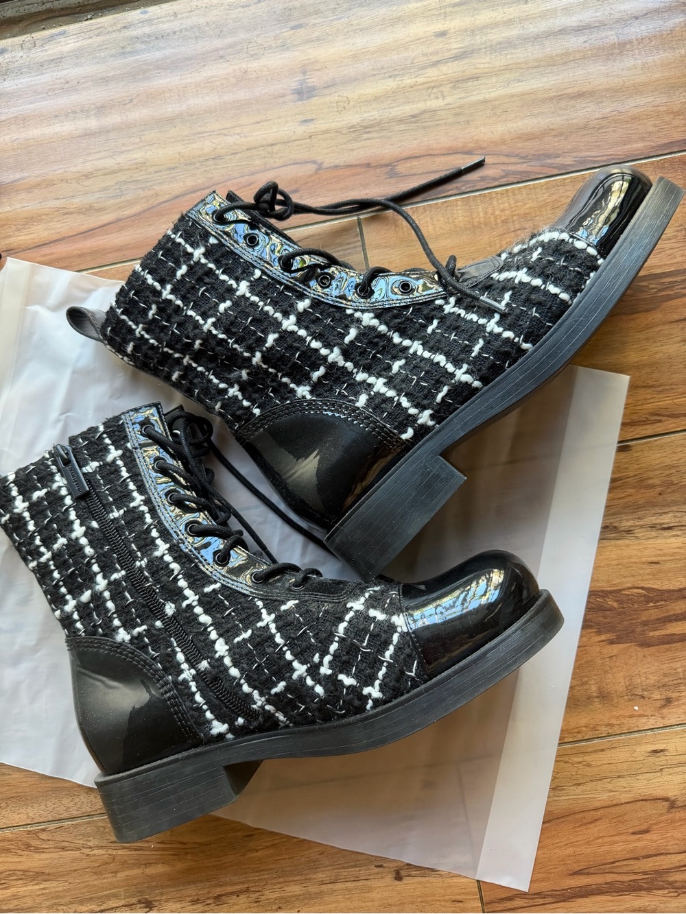 Charles & Keith Black Tweed Lace-Up Ankle Boots